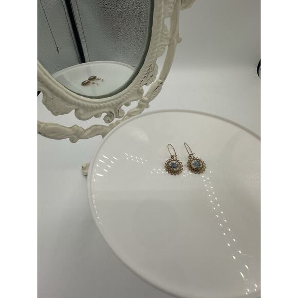 Pretty Vintage 1960s Blue Rose Flower Painted on Ceramic Dangle Hook Earrings - Picture 3 of 5